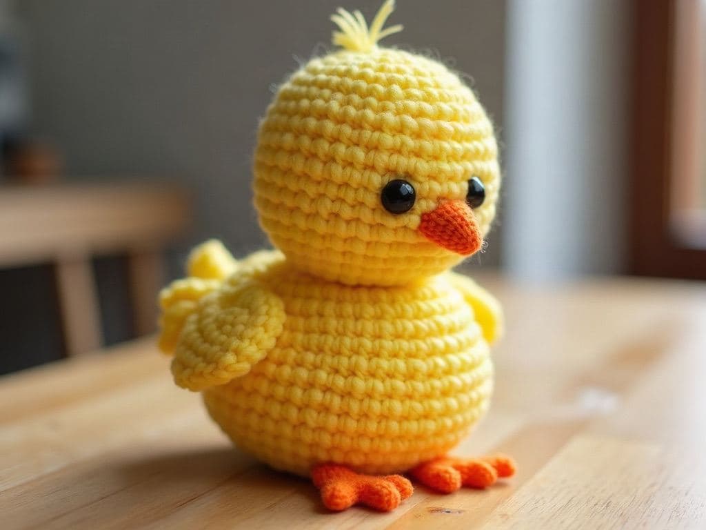 Round yellow crochet amigurumi Easter chick with a small orange beak