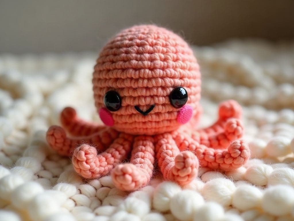 Small coral crochet amigurumi octopus with curly tentacles and blush cheeks
