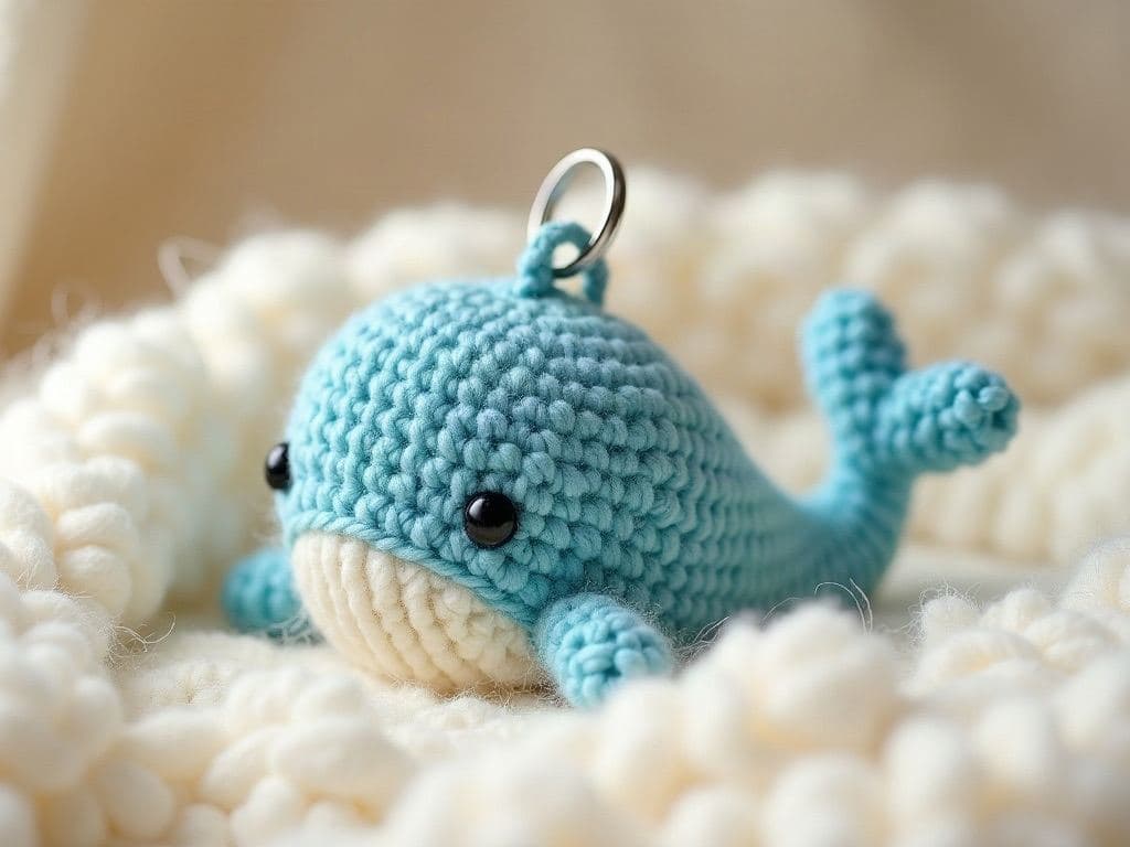 Tiny ocean-blue crochet amigurumi whale with a pale blue belly attached to a silver keyring