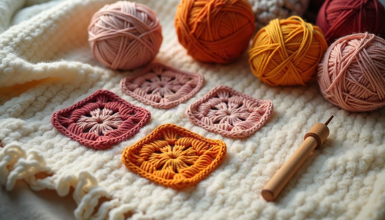 Cosy crochet workspace flat lay: granny squares, balls of wool in warm colours, a wooden crochet hook and a half-finished blanket
