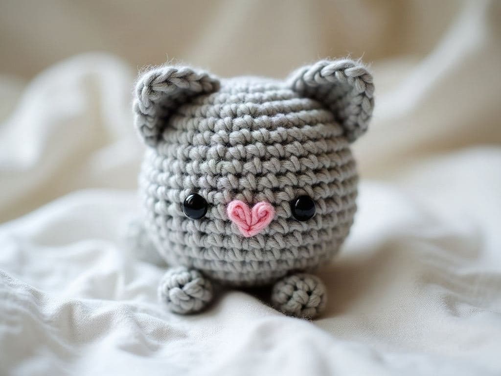 Small round dove-grey crochet amigurumi cat, ball-shaped body with small triangle ears, black safety eyes and pink embroidered nose