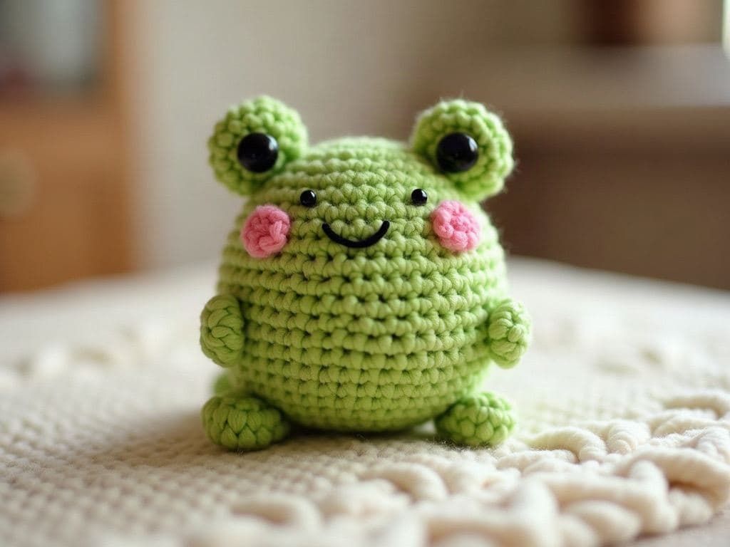 Crochet amigurumi frog shaped like a smooth green ball the size of a tennis ball, sitting directly on the table, two round eyes on top, pink cheeks, legless and armless like a round pompom creature