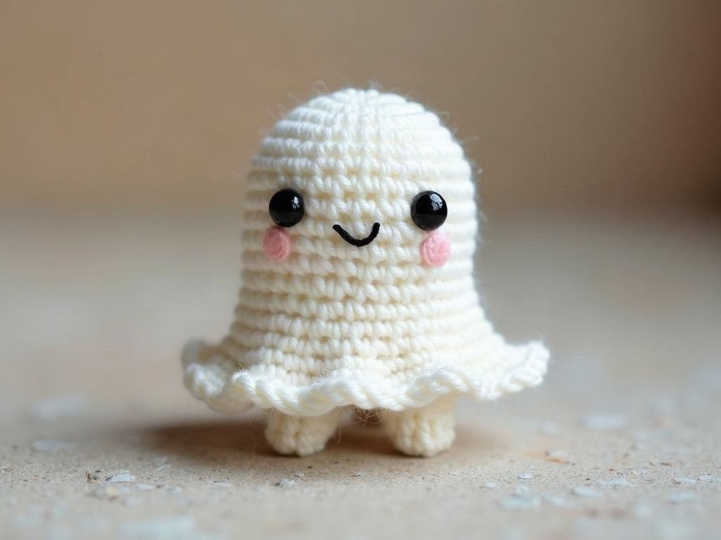 Small cute white crochet amigurumi ghost with a scalloped hem and black embroidered eyes