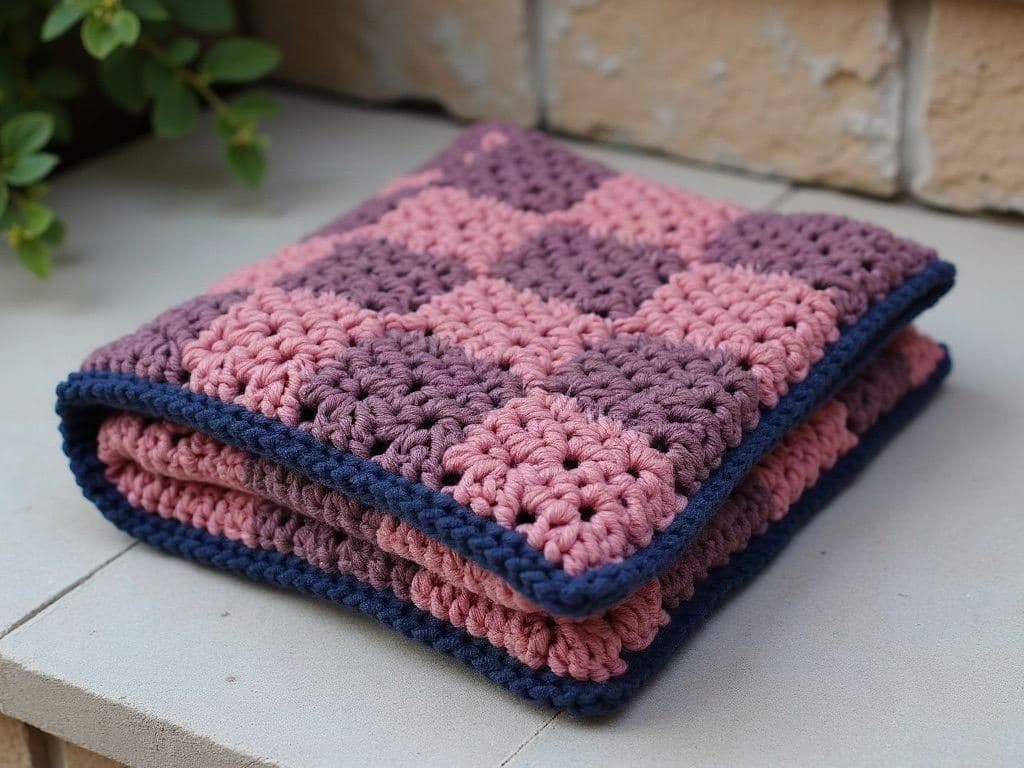 Folded corner-to-corner crochet blanket made of small diagonal blocks in dusty rose with a navy border