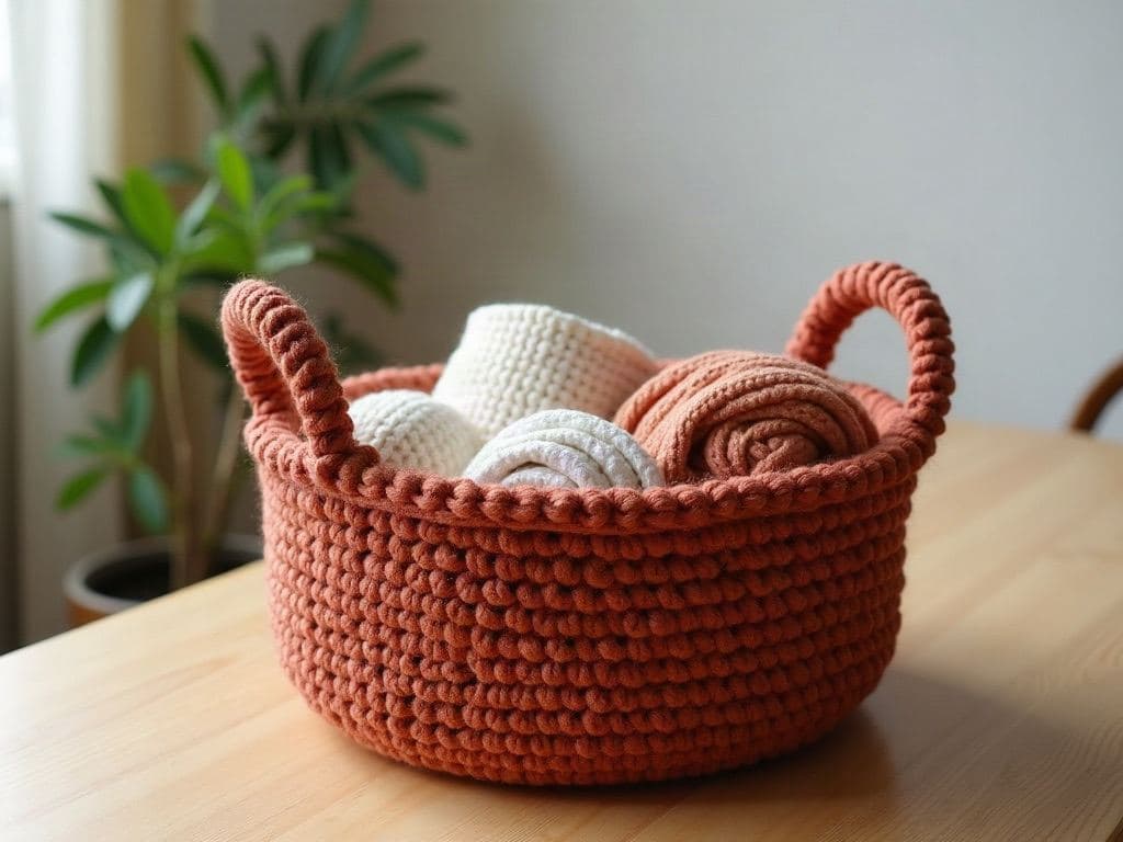 Sturdy round clay-coloured chunky crochet basket with two handle openings, holding rolled towels