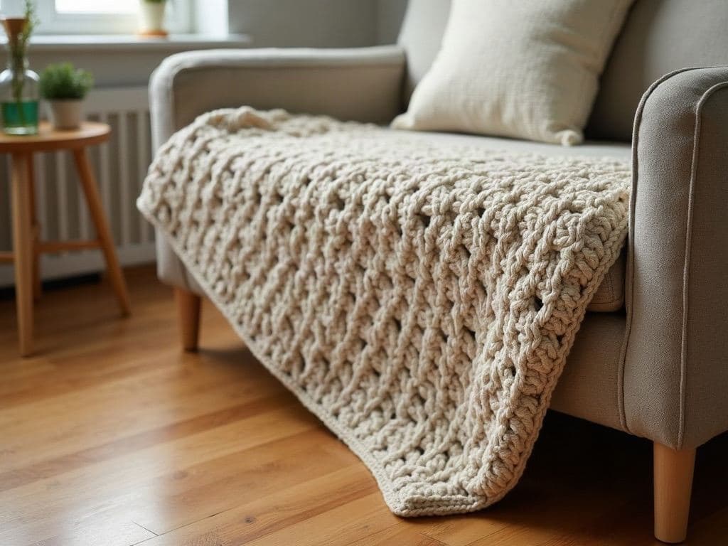 Folded chunky oatmeal-coloured crochet throw blanket with dense half double crochet rows, draped over the arm of a sofa