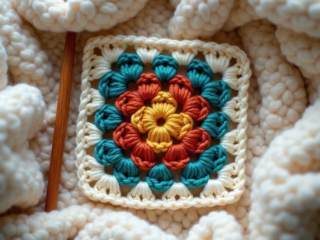 Single flat traditional crochet granny square seen from directly above, with a tiny centre ring and concentric square rounds made of groups of three double crochet stitches separated by small open chain gaps, corners with chain spaces, rounds coloured mustard at the centre then rust, teal, and a cream outer round, geometric and simple with no flower or petal shapes, a wooden crochet hook beside it