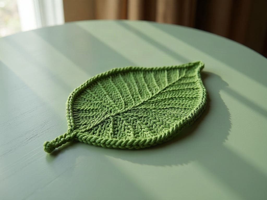 Single flat crochet leaf appliqué in leaf green with a short stem and a centre vein