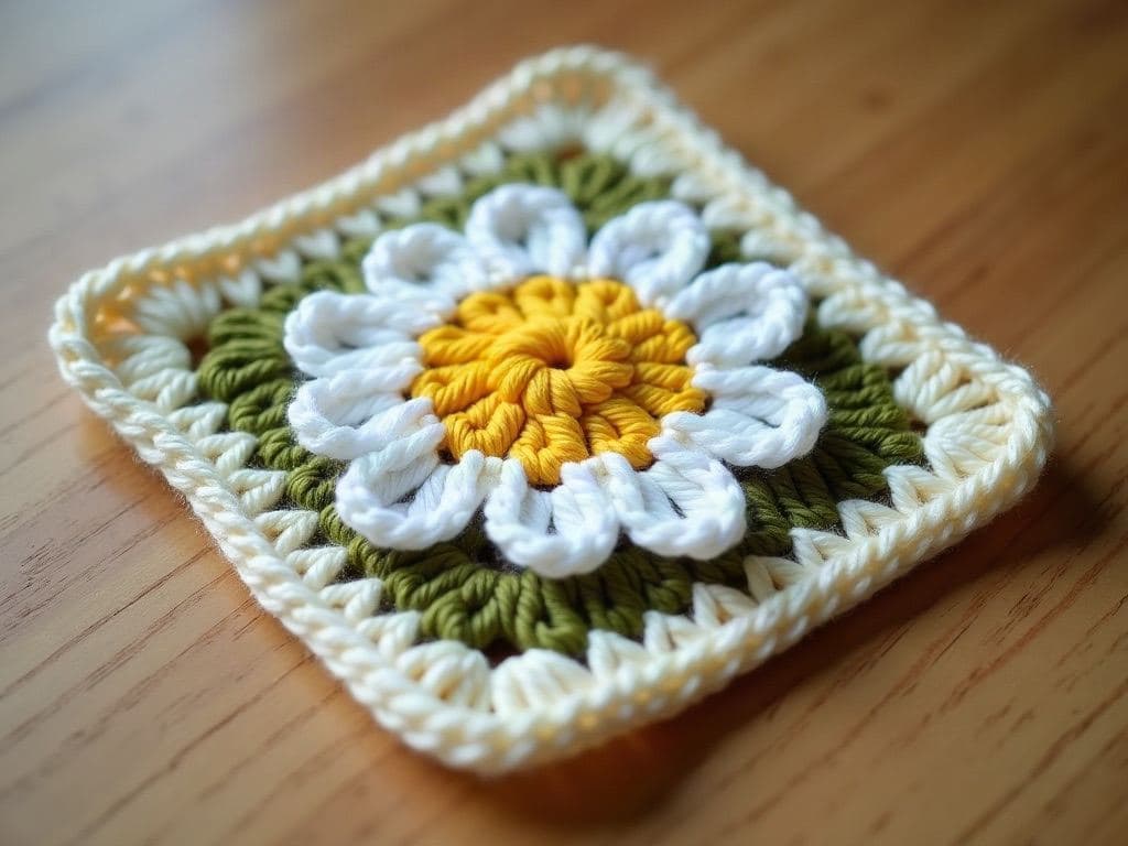 Single flat crochet daisy granny square: yellow centre, white cluster petals, leaf green round and cream square outer edge