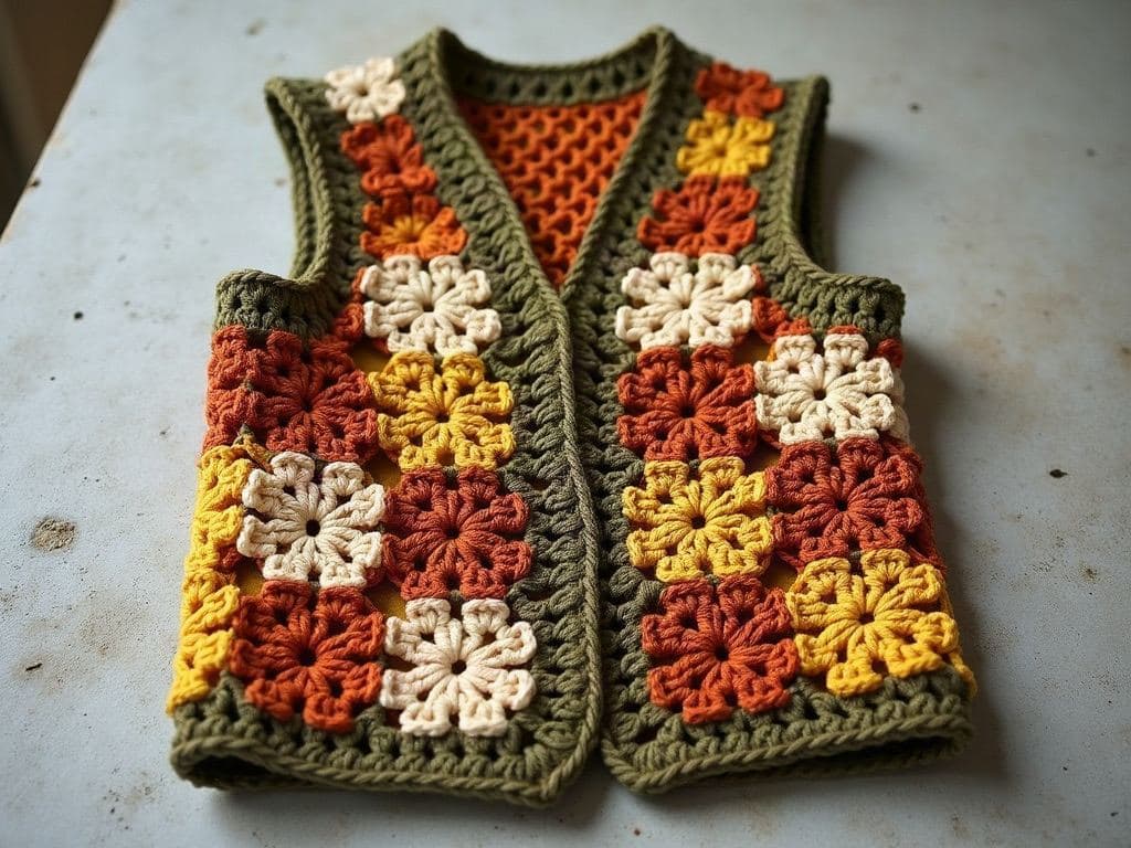 Crochet sweater vest made from granny squares in rust, mustard, olive and cream, laid flat