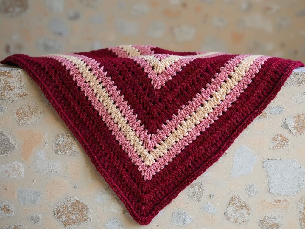 Triangular crochet granny stitch shawl with stripes of wine red, rose and sand, spread flat