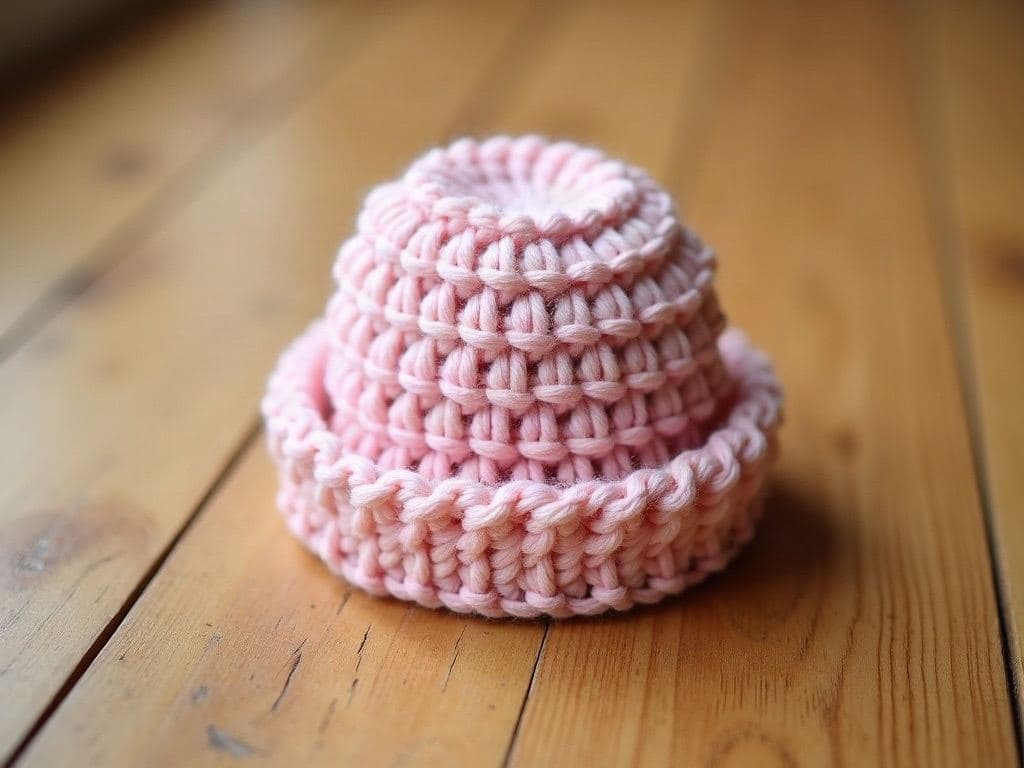 Small plain blush pink crochet baby beanie with a smooth rounded crown and no pompom, no brim fold, simple even half double crochet rows