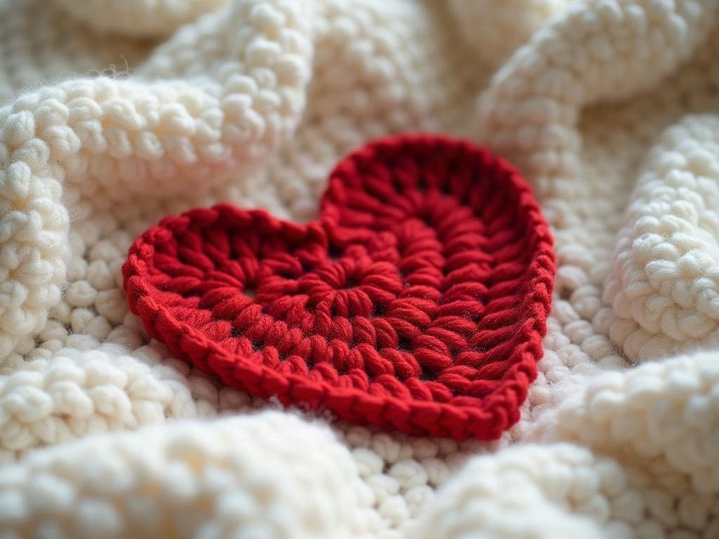 Small completely flat red crochet heart appliqué lying flat, thin like a coaster, not stuffed, no puffiness