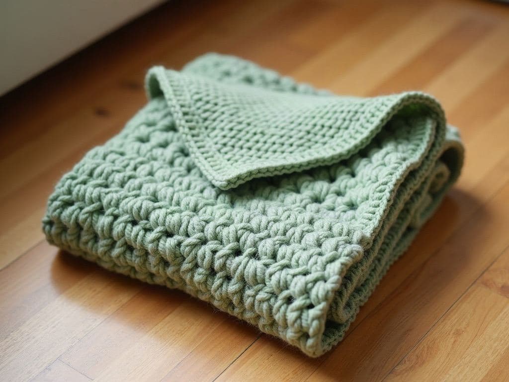 Folded crochet baby blanket in sage green with tight moss stitch texture and an oat-coloured border