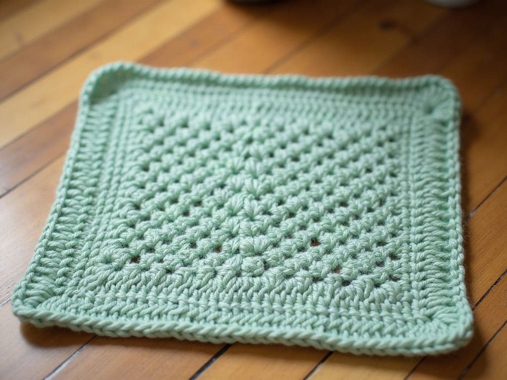 Square crochet dishcloth in seafoam green cotton with tight woven-looking moss stitch texture and a neat single crochet border