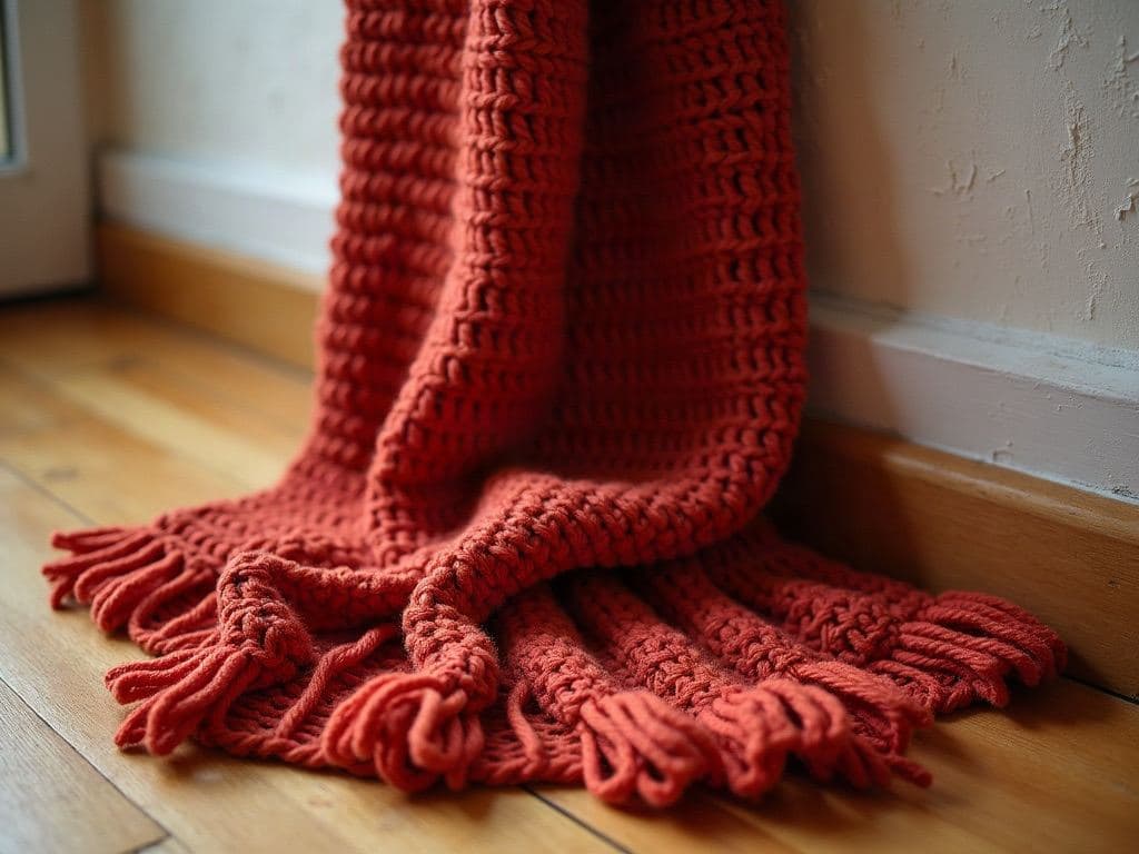 Long chunky brick-red crochet scarf with ribbed texture and fringe, loosely coiled