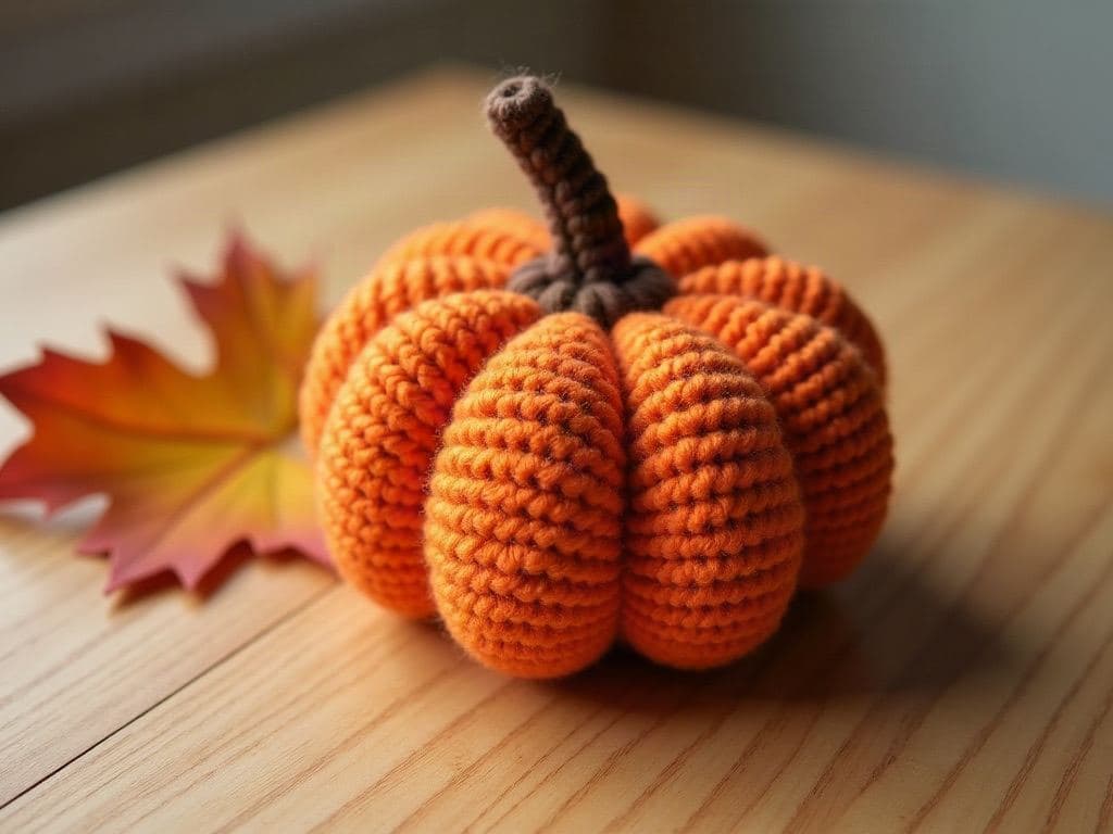 Small plump ribbed crochet pumpkin in orange with a brown stalk, autumn leaves nearby