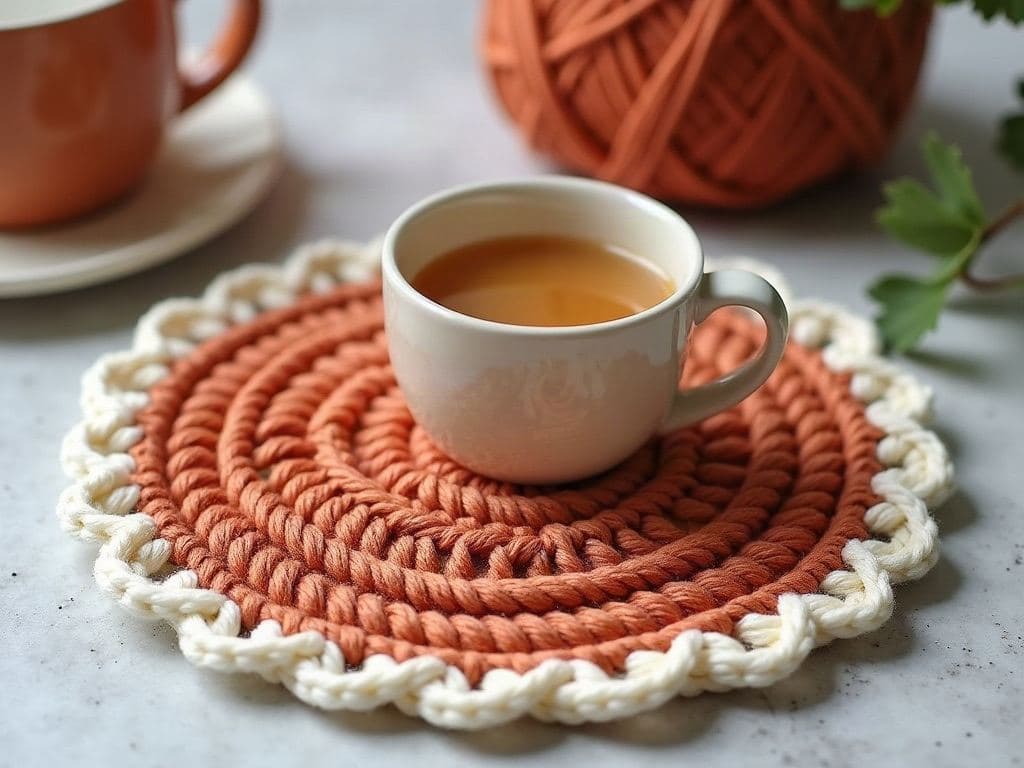Round flat crochet coaster in terracotta cotton with an ivory outer edge, concentric rounds of stitches, a mug of tea beside it