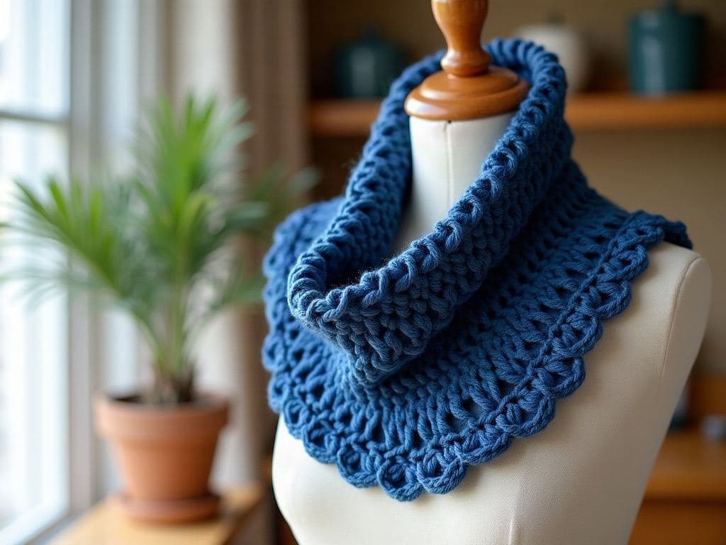 Ink blue crochet cowl neck warmer tube worn loosely draped around the neck of a plain dress form, fabric made of rows of scalloped fan-shaped shell stitches