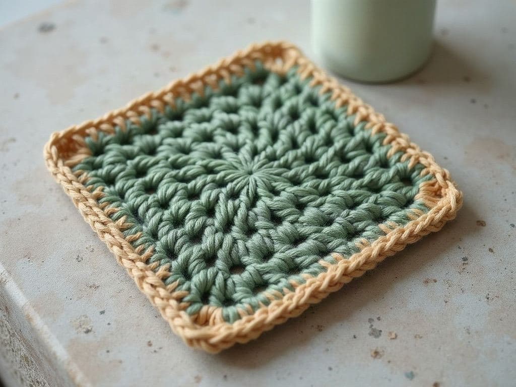 Single flat solid crochet granny square with no gaps, dense rows of double crochet in sage green with an oat-coloured outer round