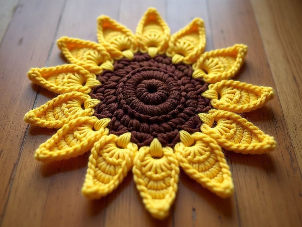 Flat crochet sunflower appliqué with a chocolate brown centre and pointed yellow petals