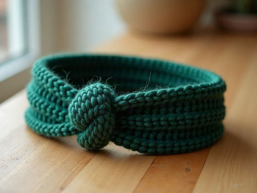 Wide forest green crochet ear warmer headband with a simple twist crossing at the front, ribbed texture, no bow and no knot