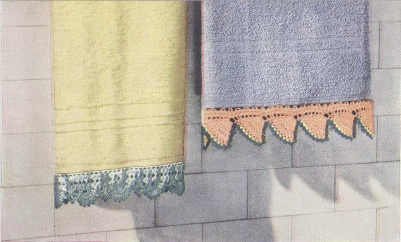 Page 12 of the 1951 leaflet showing the shaded green towel edging #8117 and gray towel edging #8115.